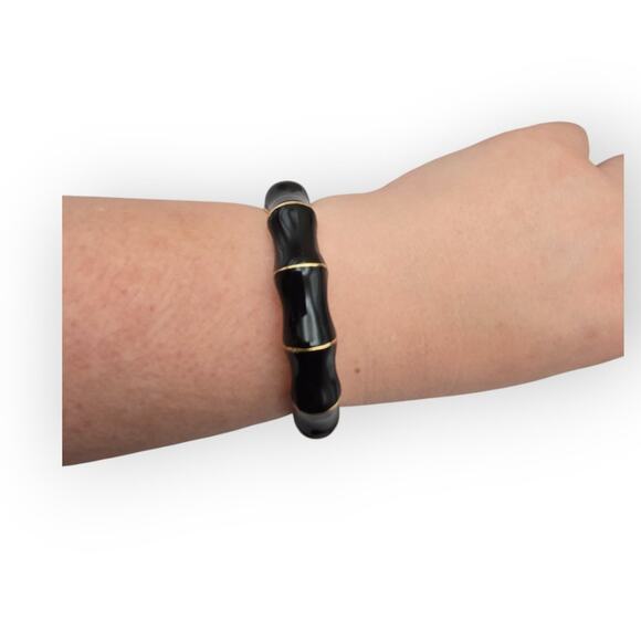 Black and Gold Bangle – Elegant Enamel Bamboo Hinge Bracelet - Picture 4 of 9